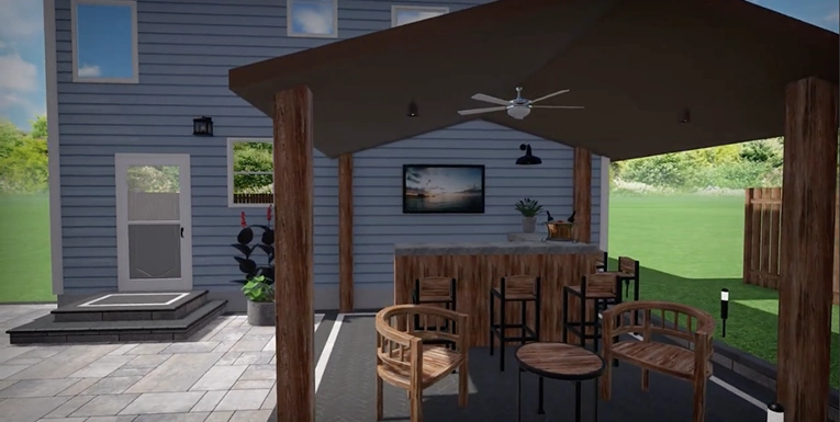 3d design rendering of a covered patio with a custom outdoor bar and pergola